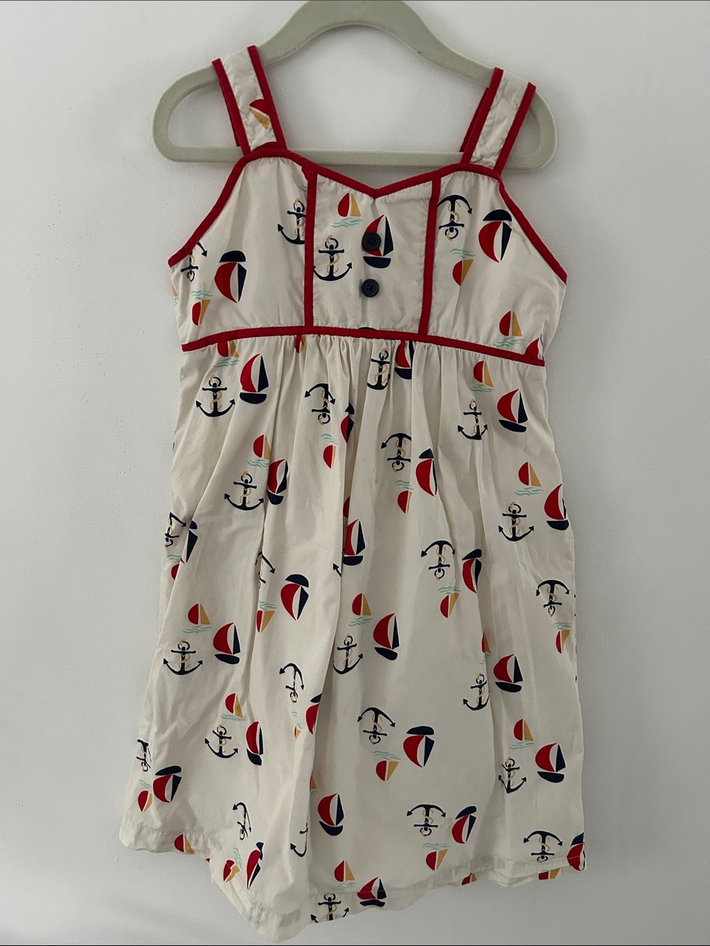 Hanna Andersson Dress Nautical Anchor/Sailboat Sundress with Red Trim Size 7/8